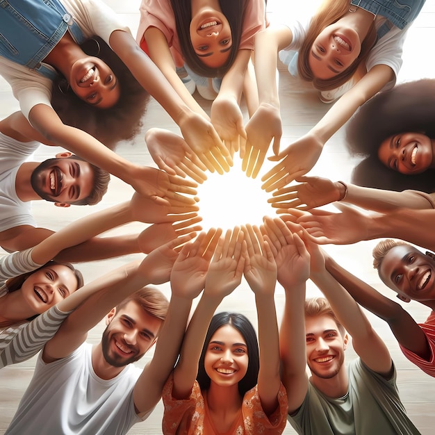 Foto palmas arriba de las manos de un grupo feliz de personas multinacionales que se quedan juntos en un círculo