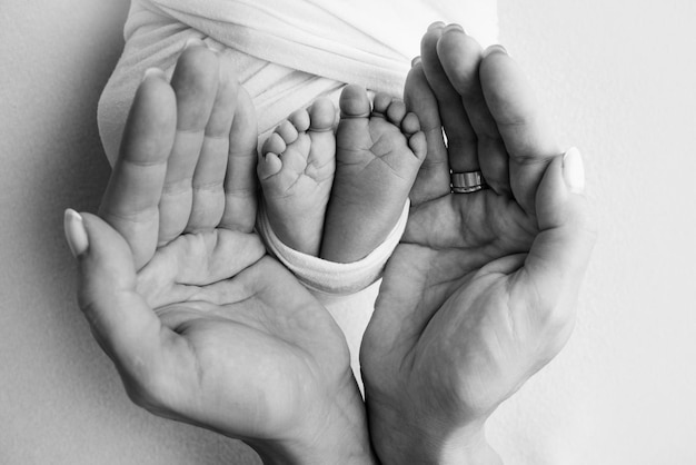 Las palmas de los padres Padre y madre sostienen las piernas de un bebé recién nacido Los pies de un recién nacido en manos de los padres Foto de talones y dedos Fotografía macro de estudio en blanco y negro