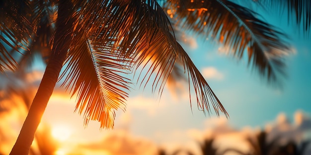 Palmblätter am Sonnenuntergang am Strand Tropischer Hintergrund