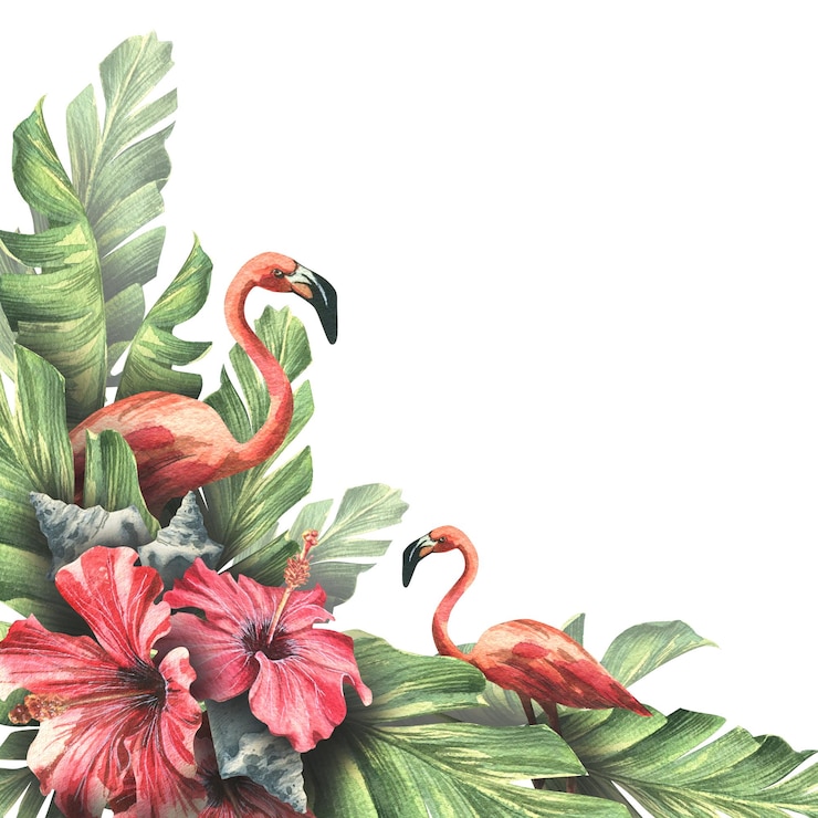 Foto palmblätter mit roten hibiskusblüten rosa flamingos und muscheln aquarell-illustration zusammensetzung eines großen satzes von kuba für die dekoration und gestaltung von postkarten-aufklebern