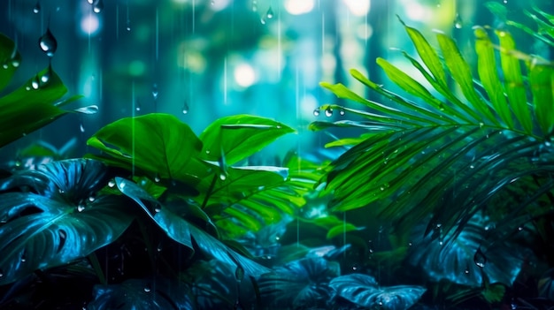 Palmblätter und Monstera im Regen im Dschungel, Tapetenidee für Innenräume oder Abdeckungen, KI-generiert