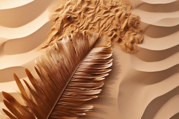 Palmblatt am Sandstrand bei Sonnenuntergang Reise- und Urlaubskonzept
