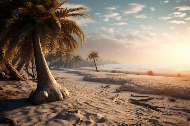 Palmblatt am Sandstrand bei Sonnenuntergang Reise- und Urlaubskonzept