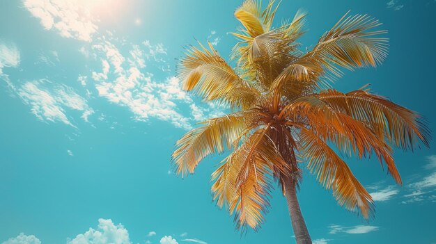 Palme am tropischen Strand mit blauem Himmel und weißen Wolken