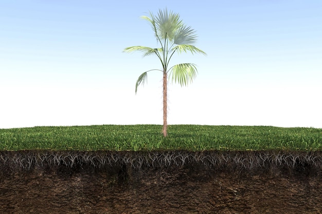 Palme auf dem Gras und ein Stück Erde darunter, 3D-Rendering
