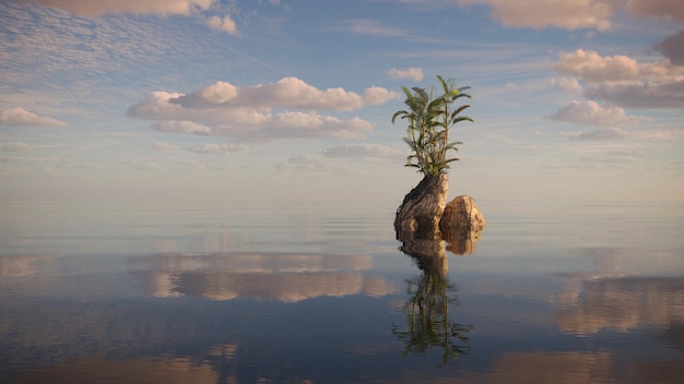 Palme auf einer Insel mitten im Ozean, 3D-Darstellung, cg-Rendering
