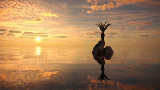 Palme auf einer Insel mitten im Ozean, 3D-Darstellung, cg-Rendering