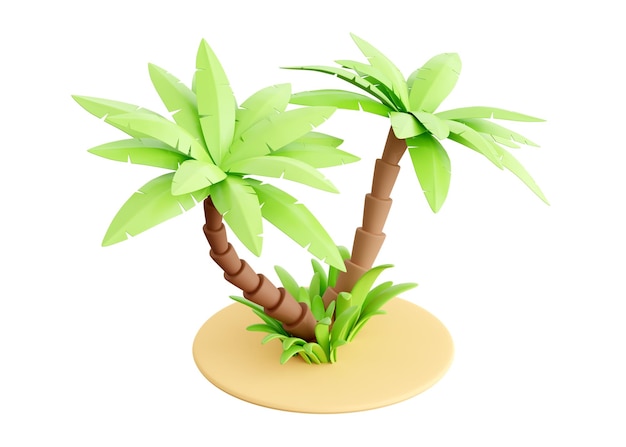 Palme auf Sand 3D-Render tropische Pflanze mit grünen Blättern und Gras für Strandurlaub und Sommer