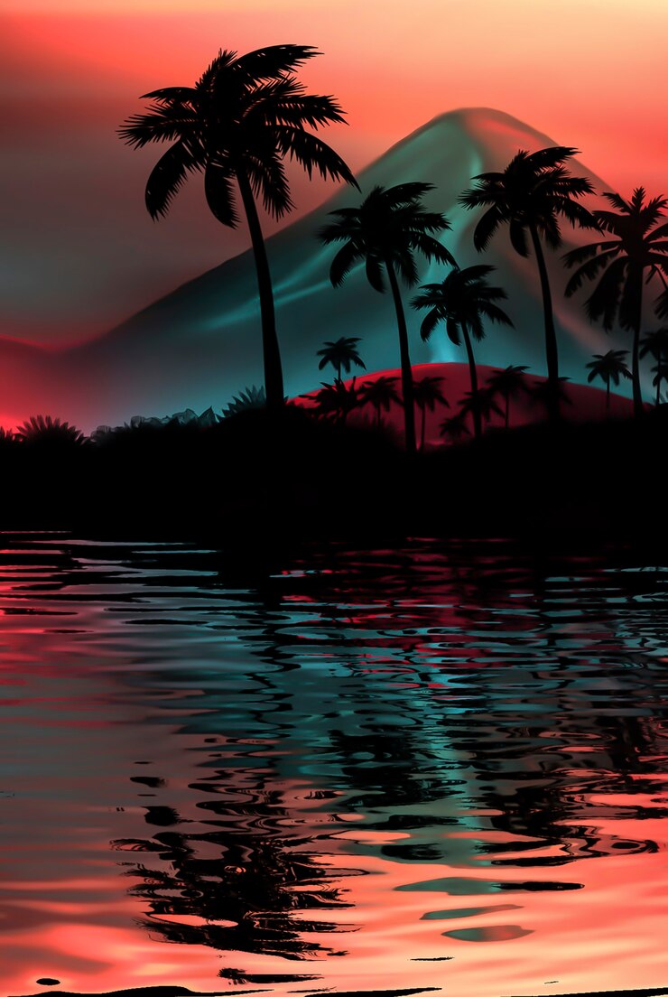 Palmeira de néon, folhas tropicais. Reflexo da luz de néon na água