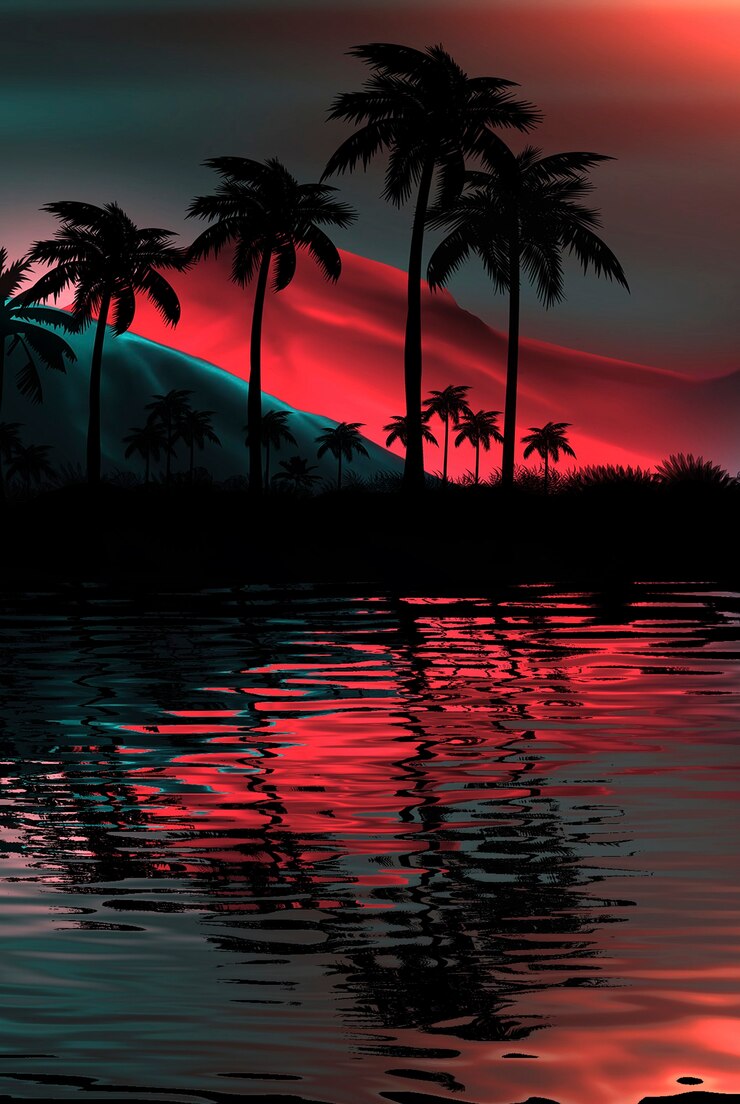 Palmeira de néon, folhas tropicais. Reflexo da luz de néon na água