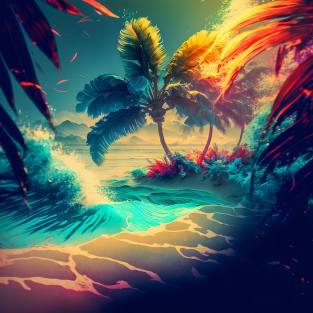 Palmeira do Havaí e ilustração das ondas do mar