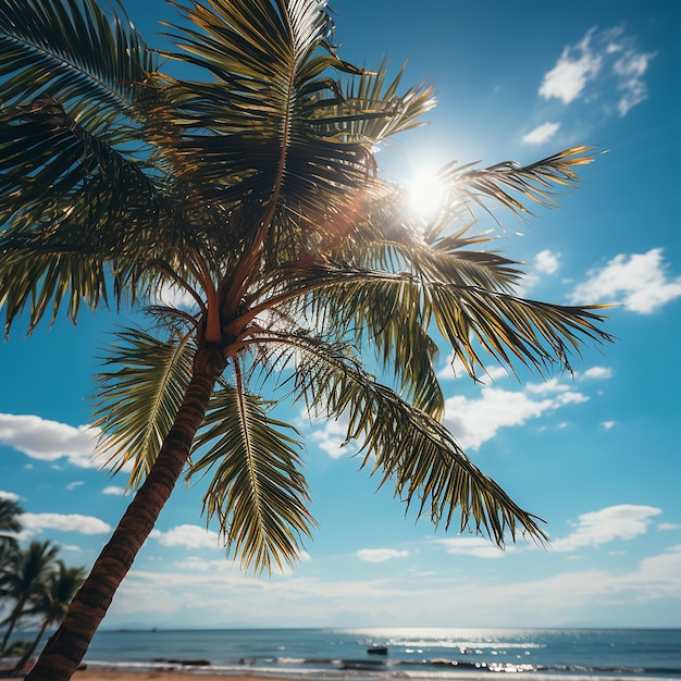 Palmeira em uma praia tropical com céu azul e nuvens brancas em fundo abstrato