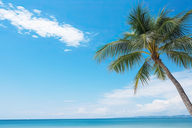 Palmeira na praia tropical com céu azul e nuvens brancas abstraem fundo