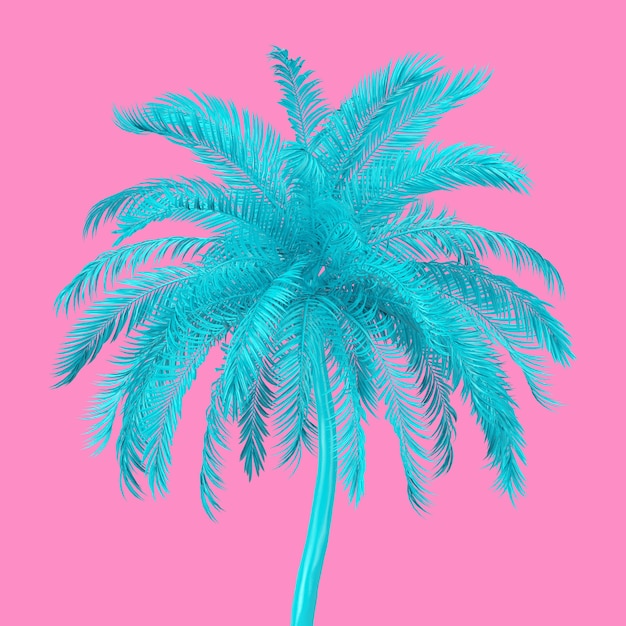 Palmeira Tropical azul em estilo duotônico em um fundo rosa. Renderização 3D