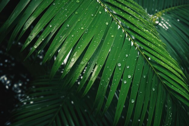 Palmeira tropical com folhas verdes vibrantes e gotículas de água Textura gerada por IA