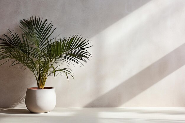 Palmeira tropical em panela de barro e sombra na maquete de parede de concreto com espaço de cópia