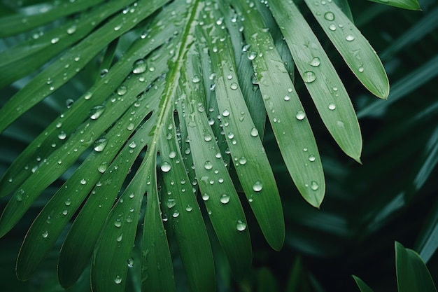 Palmeira verde exuberante com plantas circundantes e gotas de água geradas por IA