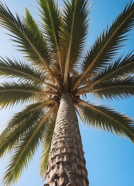 Foto palmeira vista de baixo contra um céu azul claro