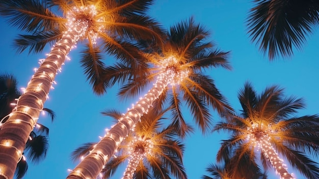 Palmeiras decoradas com guirlandas de Natal à noite