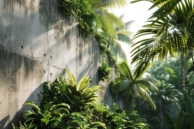 Palmeiras e plantas tropicais no jardim com luz solar