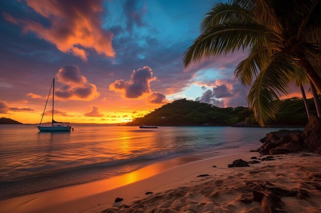 Foto palmeiras e veleiro ao pôr-do-sol numa praia tropical