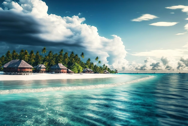 Palmeiras e vilas em uma praia branca com um céu azul brilhante Paradise beach Generative AI
