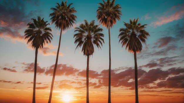 Foto palmeiras em silhueta contra um céu ao pôr-do-sol