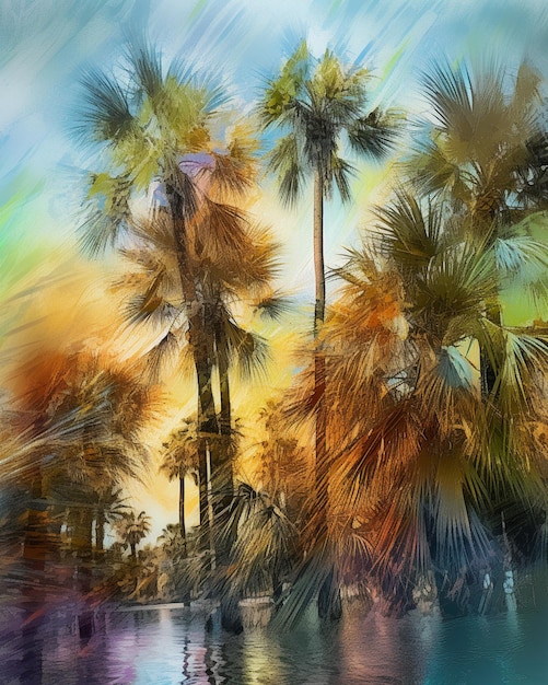 Palmeiras em um fundo de um pôr do sol. Pintura aquarela. palmeiras em um fundo de um pôr do sol. Pintura aquarela.