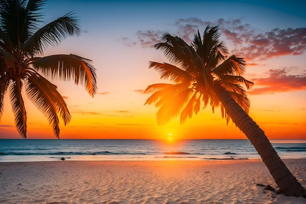 Palmeiras em uma praia ao pôr do sol