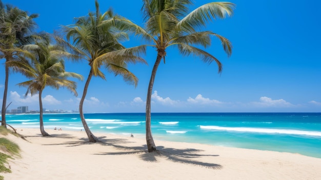 Palmeiras em uma praia com areia branca e água azul