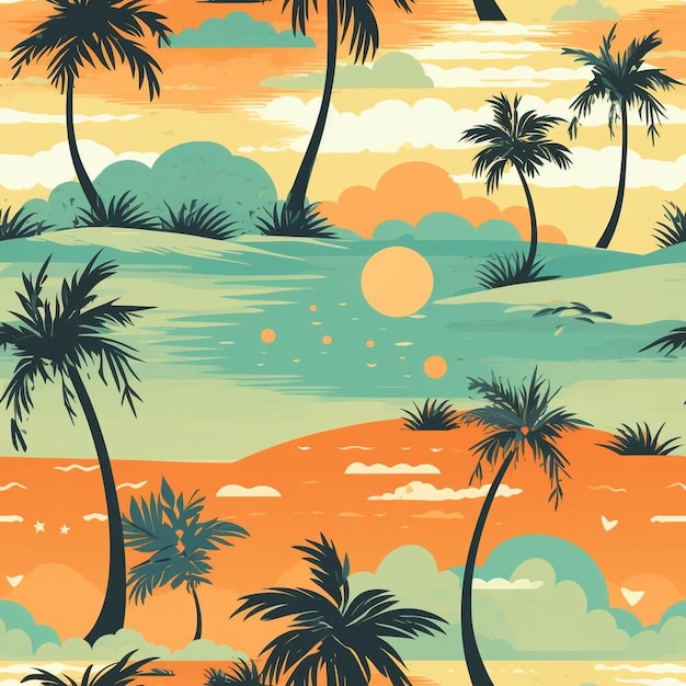 Foto palmeiras em uma praia com pôr do sol e pôr do sol ao fundo.