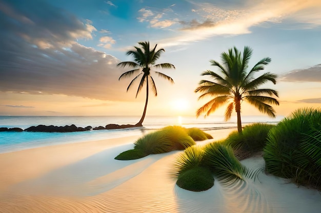 Palmeiras em uma praia com um pôr do sol ao fundo