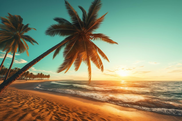 Palmeiras em uma praia com um pôr do sol ao fundo