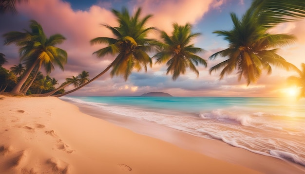 palmeiras em uma praia com um pôr-do-sol no fundo