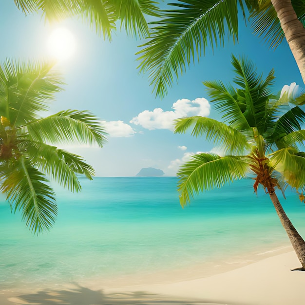 palmeiras em uma praia com um sol brilhando através das nuvens