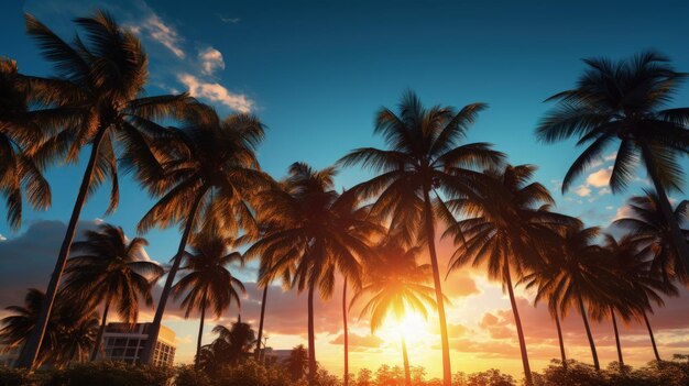 Palmeiras iluminadas pelo sol em South Beach, Miami, ao amanhecer, silhueta conceito