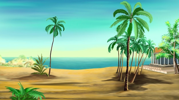Palmeiras na costa da ilustração do mar