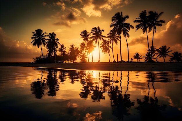 Palmeiras na praia ao pôr do sol