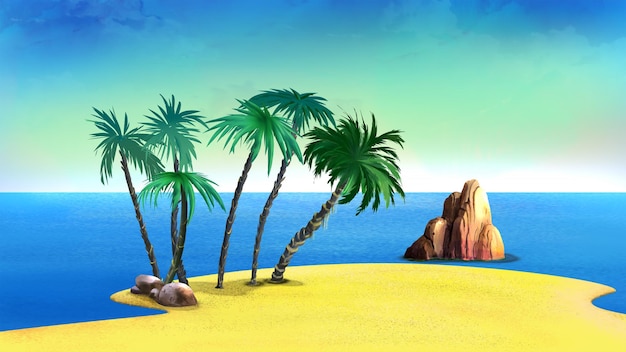 Palmeiras na praia de areia nos trópicos ilustração de fundo de pintura digital