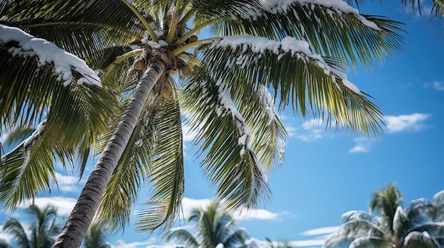 Palmeiras tropicais de folhas verdes na neve contra o céu azul conto de inverno de Natal mudança climática global