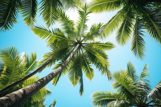 Palmeiras tropicais sob um céu azul e sol num dia ensolarado