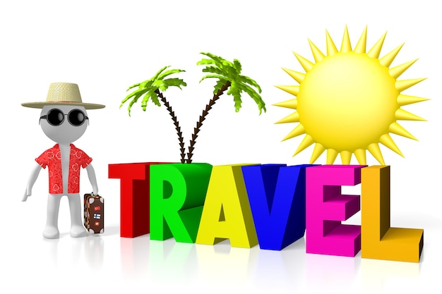 Foto palmeiras turísticas de palavra de viagem colorida e ilustração 3d do sol