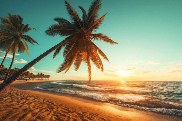 Palmen am Strand mit Sonnenuntergang im Hintergrund