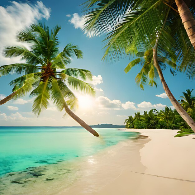 Palmen an einem Strand, hinter denen die Sonne untergeht