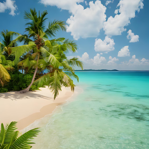 Palmen an einem Strand mit blauem Himmel und Wolken im Hintergrund