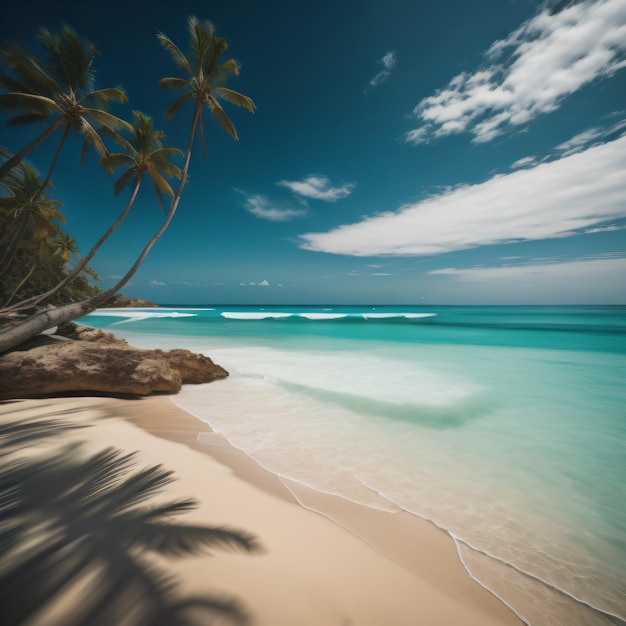 Palmen an einem Strand mit blauem Himmel und Wolken im Hintergrund.