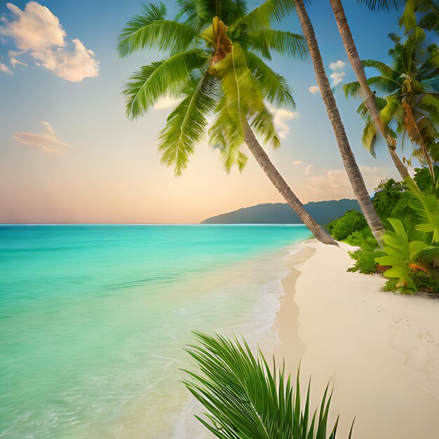 Palmen an einem Strand mit einem Sonnenuntergang im Hintergrund
