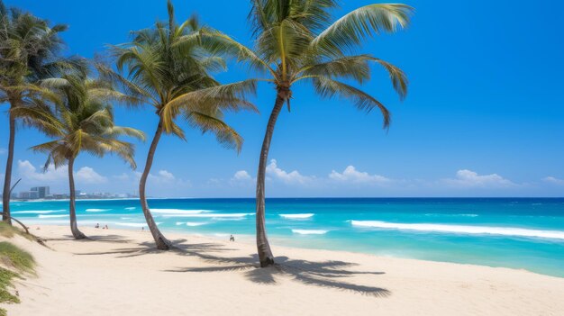 Palmen an einem Strand mit weißem Sand und blauem Wasser