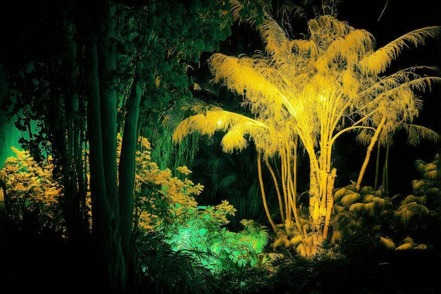 Palmen-Neonwald-Dschungel bei Sonnenuntergang Unwirklicher Wald Schöne Neon-Fantasielandschaft