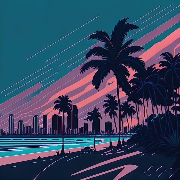 Palmen und Meer bei Nacht Sommerurlaub tropische Strandpalmen und Palmenvektorillustration